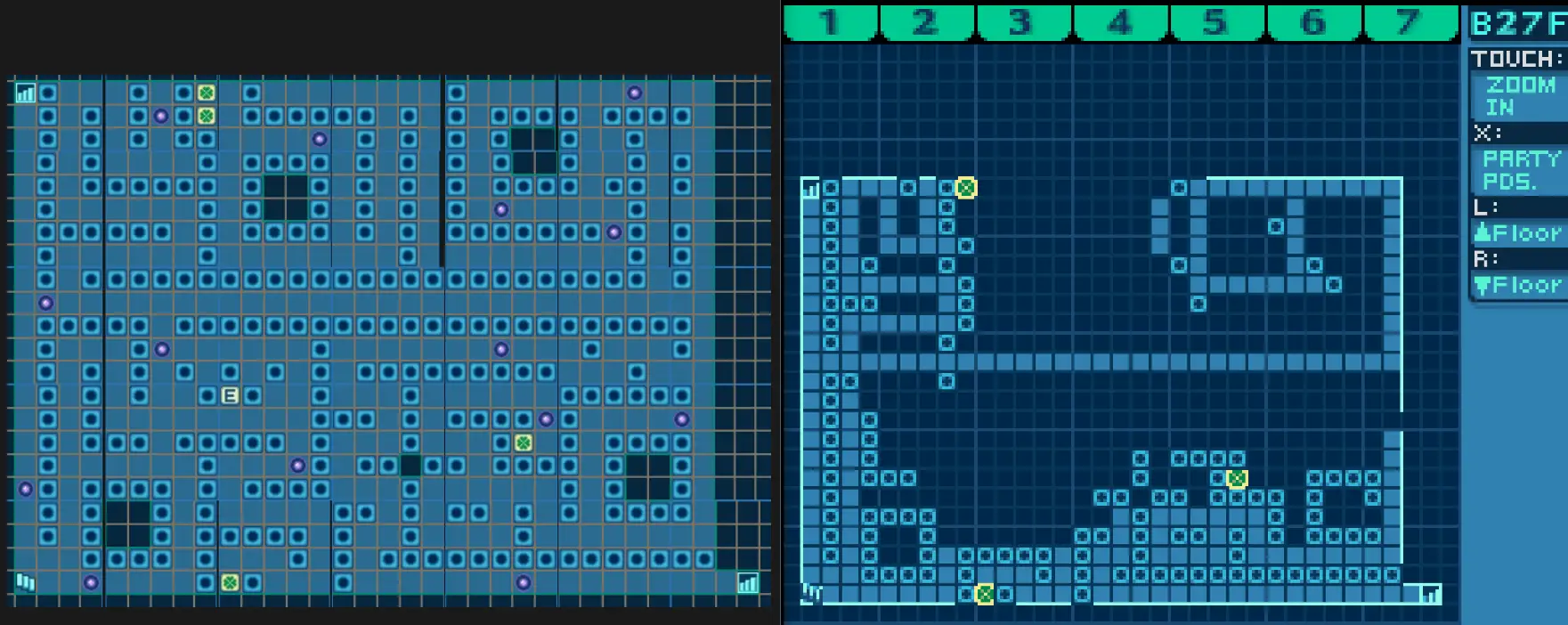 Two versions of the B27F map. Left: a complete map from the internet. Right: my sorely incomplete attempt at translating that map ingame.