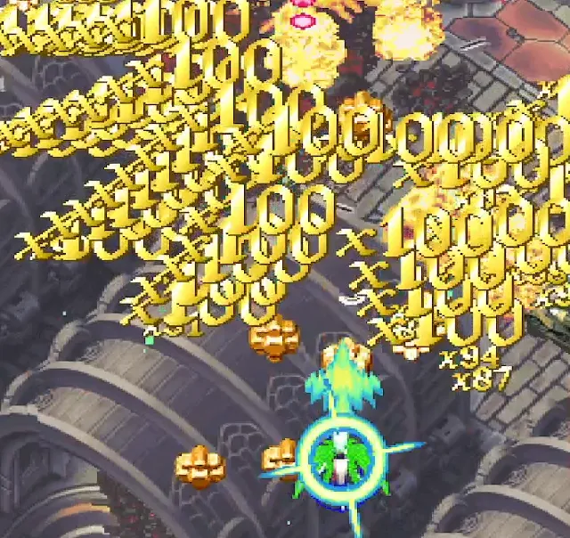 The crux of scoring in Espgaluda 1: a bunch of x100 multipliers flash across the screen after a big juicy bullet cancel.