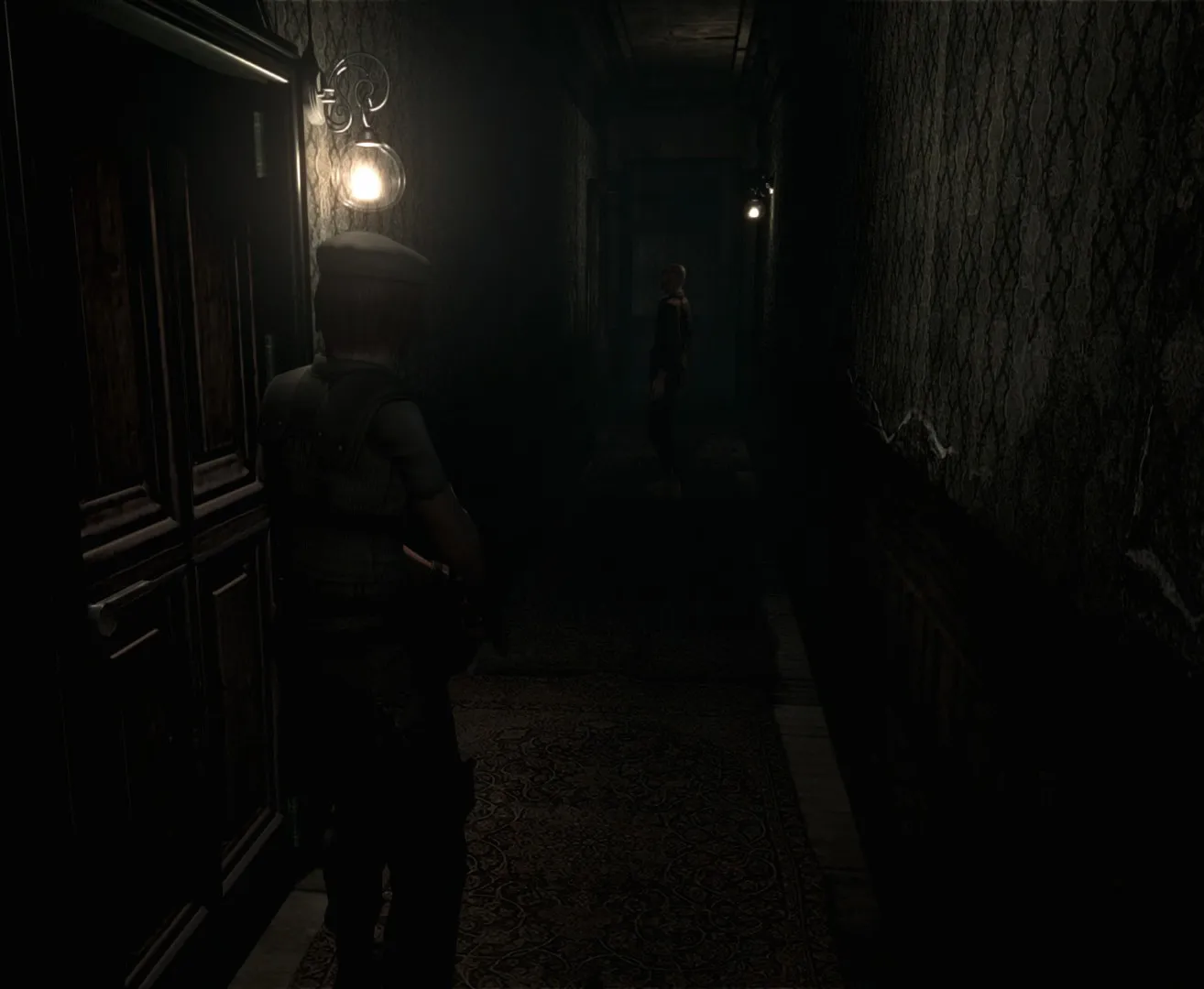 Jill Valentine approaches a zombie in Resident Evil HD Remaster. The deep perspective and ominous lighting raises the tension.