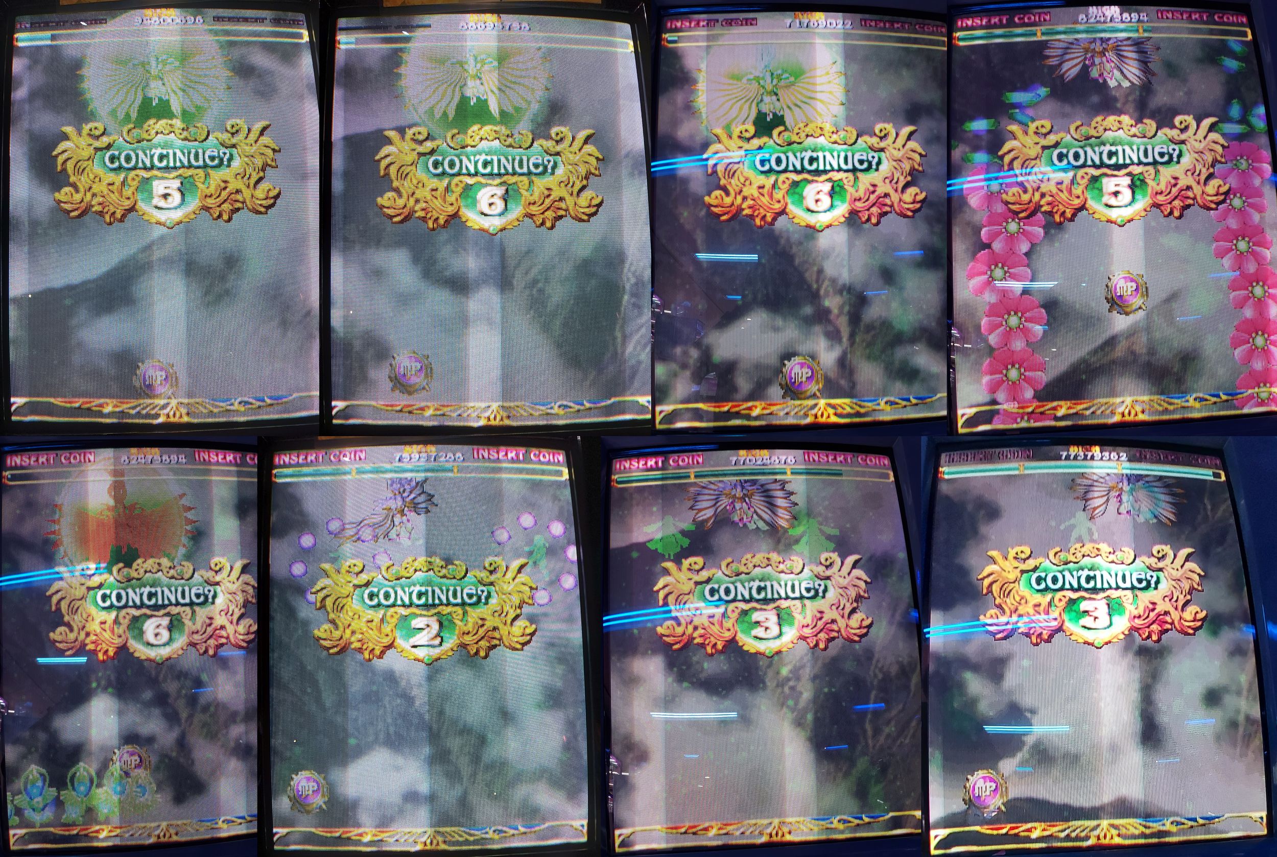 A collage of pictures I took of my game overs in Espgaluda 2 that happened during the final boss. There's 8 in total, but in reality I believe it was around 10.