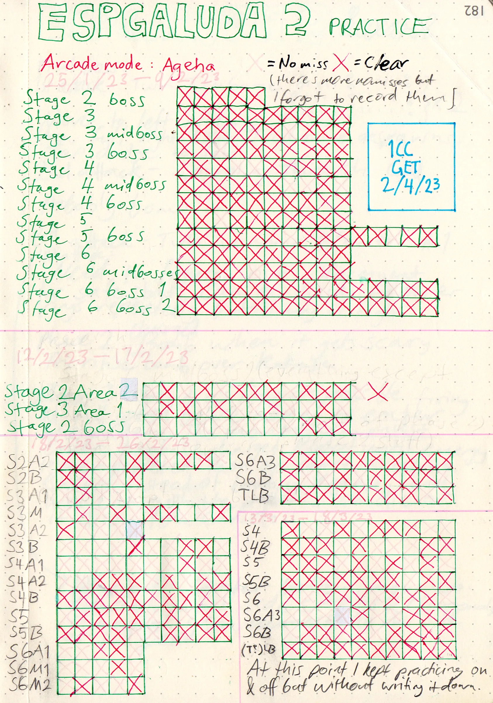 Scan of the training grid I used to practice Espgaluda 2. Each part of the game is written down in a list, and next to each part is a bunch of boxes. The page is split up into various groups of these boxes corresponding with when I needed a new 'workout', so to speak.